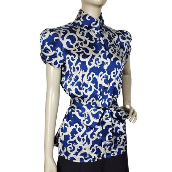 Vintage Y2k Bebe Silk Cobalt Grey Puff Sleeve Scroll Logo AOP Belted Blouse M/L - Picture 8 of 15